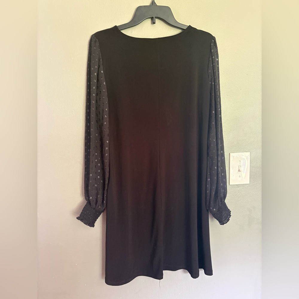 Black Long-Sleeve A-Line Dress with Sheer Dot Sleeves